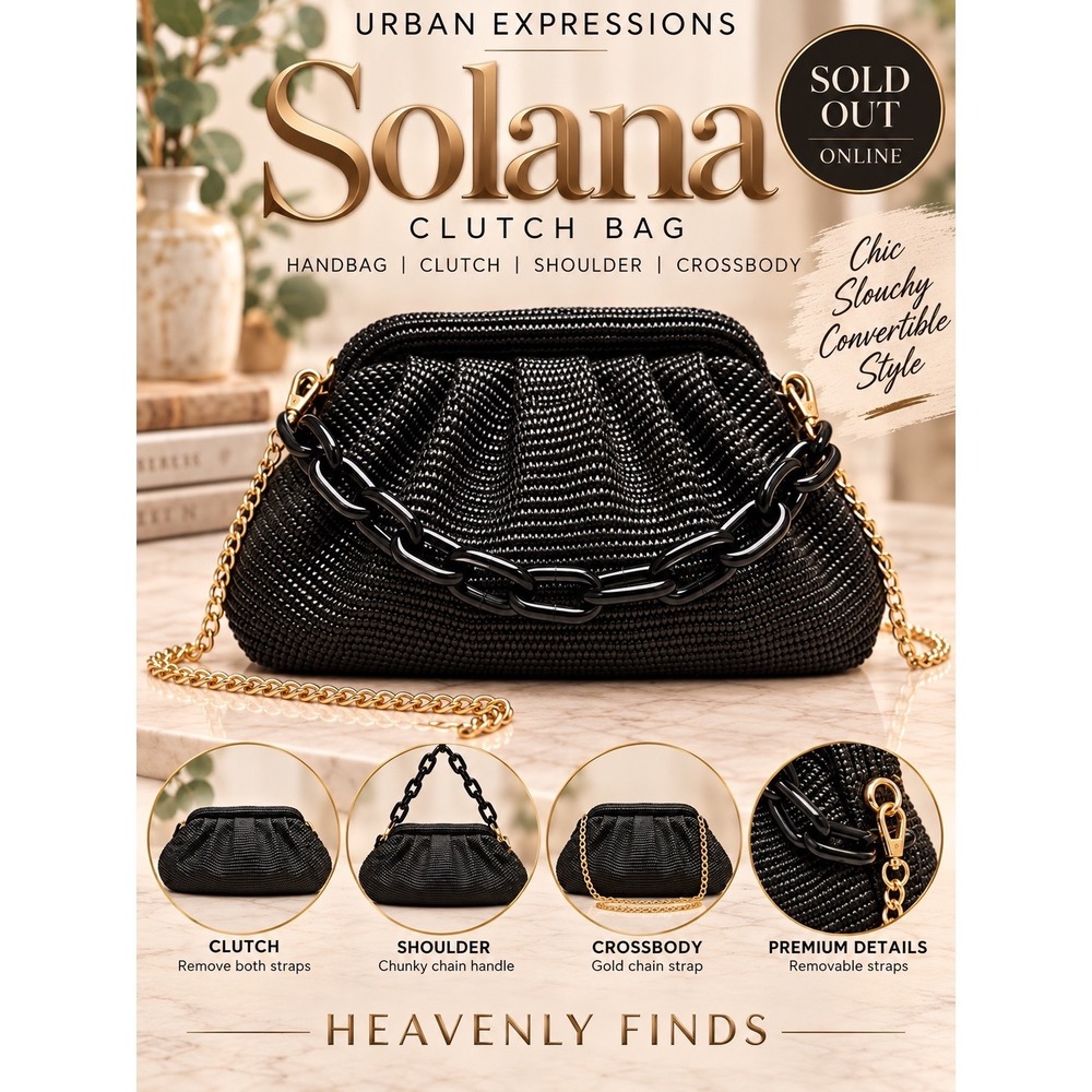 Urban Expressions Solana Black Woven Handbag Slouchy Clutch Crossbody Chain Bag